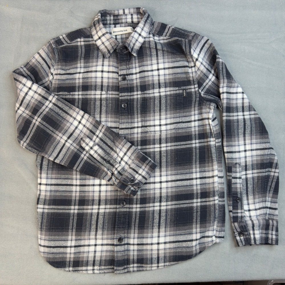 Abercrombie Kids Plaid Flannel Button Down Shirt Black Grey White 11/12